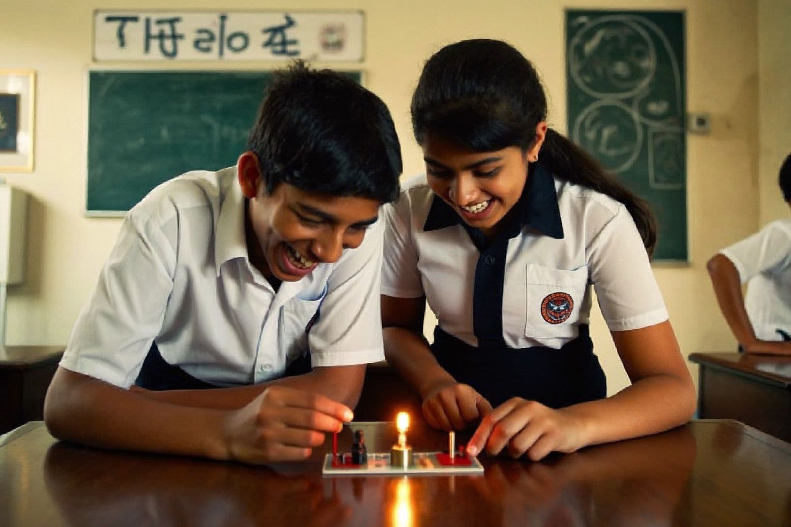 Two students delighted as their circuit experiment lights a small bulb