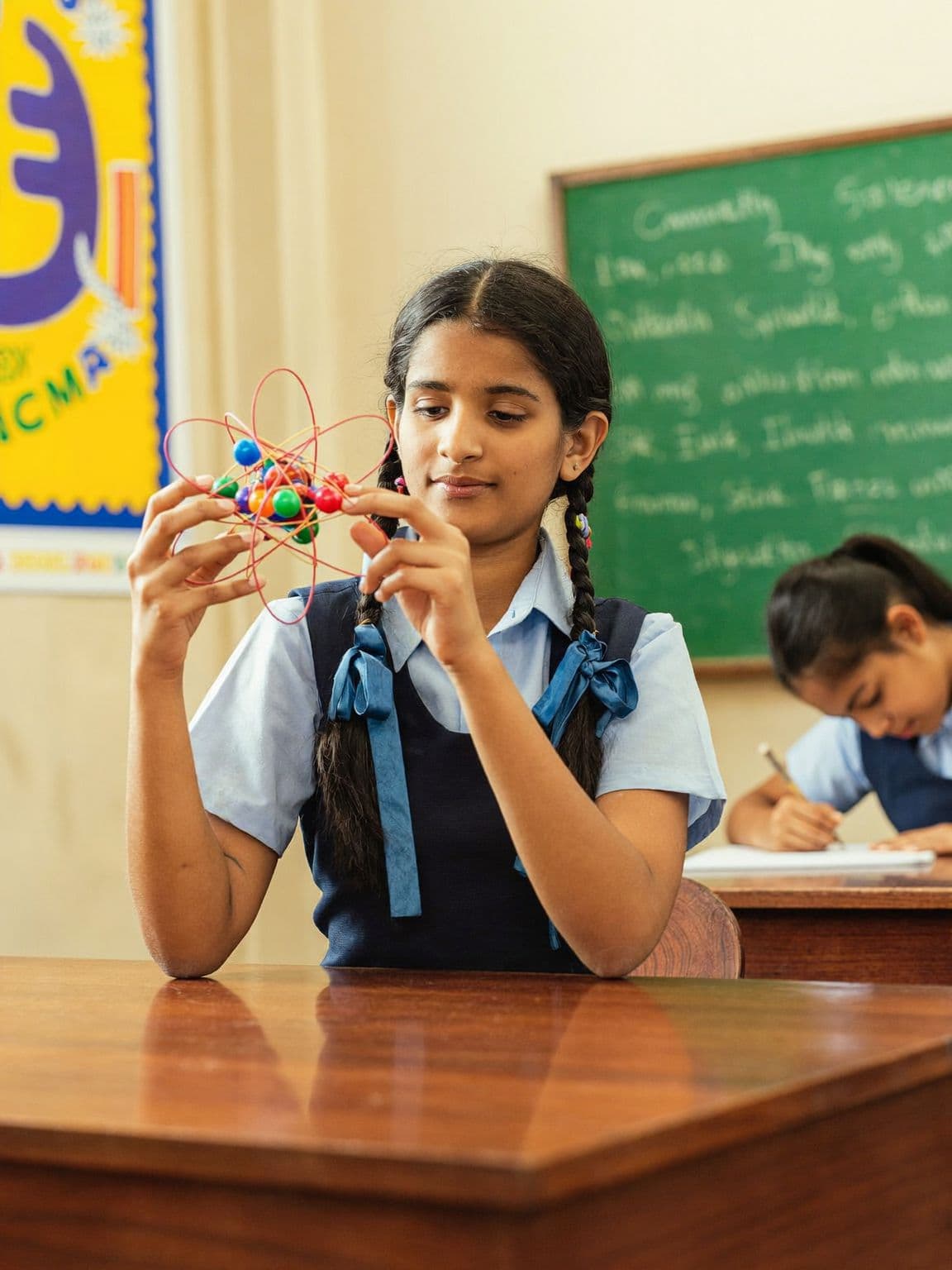 A student examining an atom model at her classroom desk